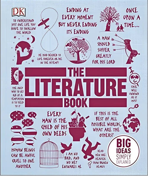 Cover of 'The Literature Book' with literary quotes and design elements on a white background