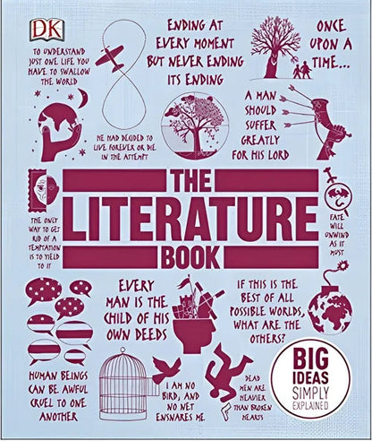 Cover of 'The Literature Book' with literary quotes and design elements on a white background