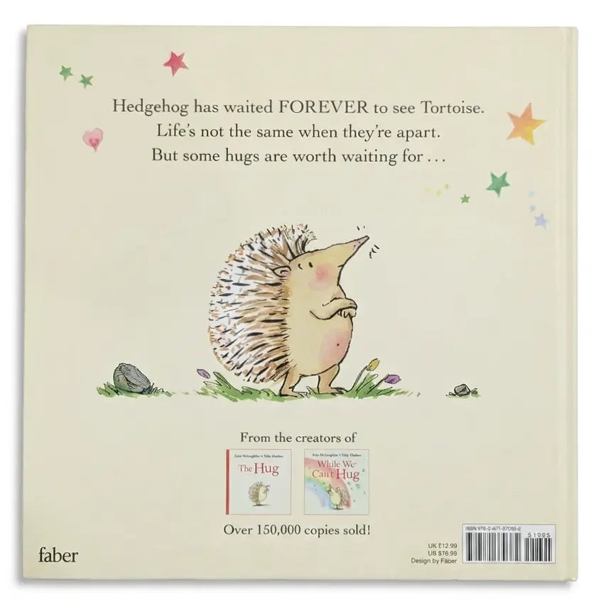 Book cover with hedgehog illustration and text about waiting for a hug, featuring Faber branding.