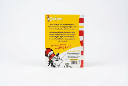 Back cover of a Dr. Seuss book with yellow background and character illustration.