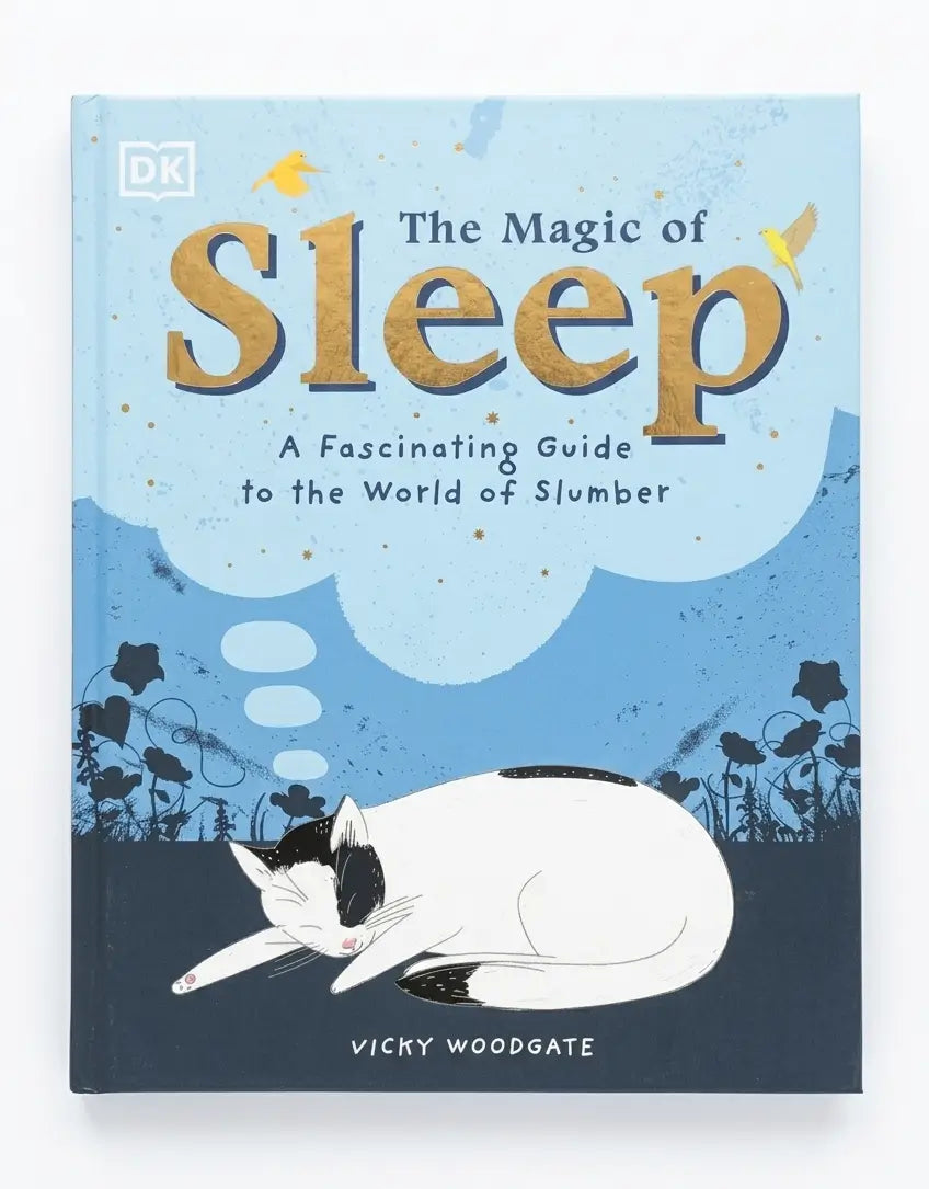 Book titled 'The Magic of Sleep' with a cat illustration on a blue background
