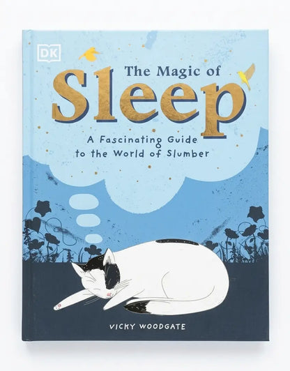 Book titled 'The Magic of Sleep' with a cat illustration on a blue background
