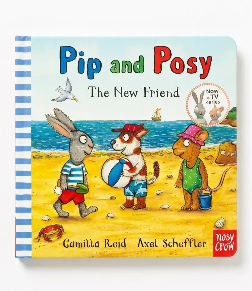 Children's book titled 'Pip and Posy: The New Friend' with illustrations of animals on a beach.