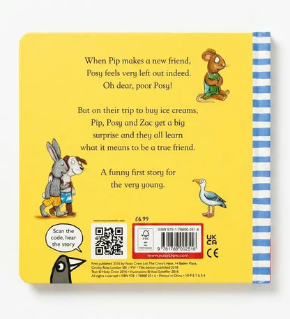 Back cover of a children's book with illustrations and text on a yellow background