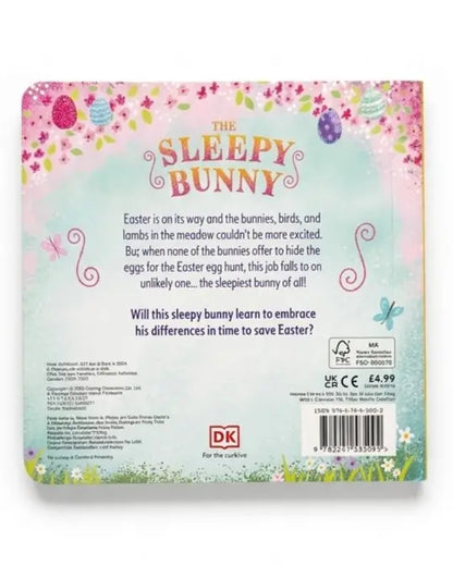 The back cover of the children's book 'The Sleepy Bunny' by DK, featuring a pastel background with Easter-themed illustrations, text, and a barcode.