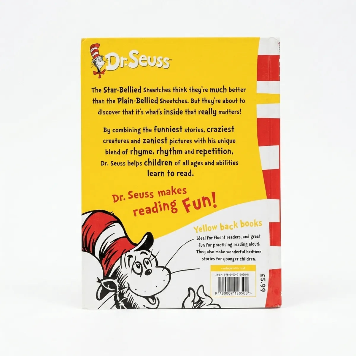 Back cover of a Dr. Seuss book with yellow background and red and white striped hat design.