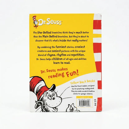 Back cover of a Dr. Seuss book with yellow background and red and white striped hat design.