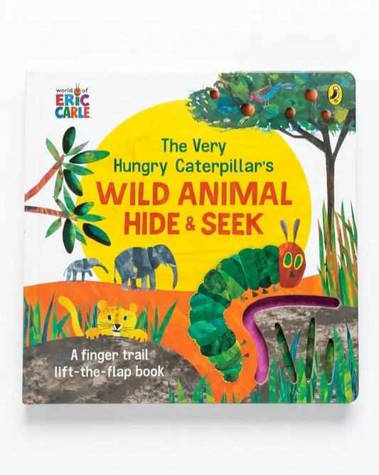 The Very Hungry Caterpillar's Wild Animal Hide & Seek board book by Eric Carle, featuring a colorful cover illustration with a caterpillar, elephants, a lion, and trees on a white background.