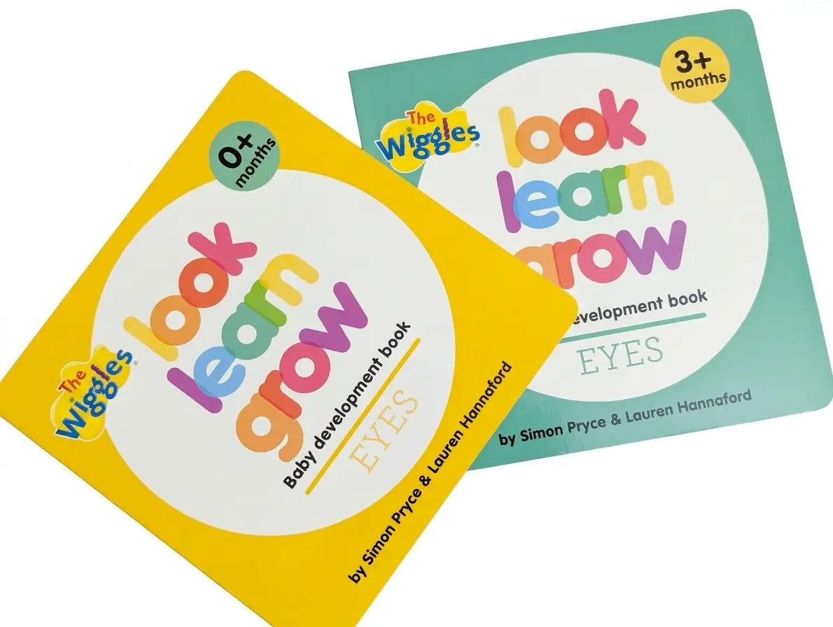 Two 'Look Learn Grow' baby development books by The Wiggles on a white background.