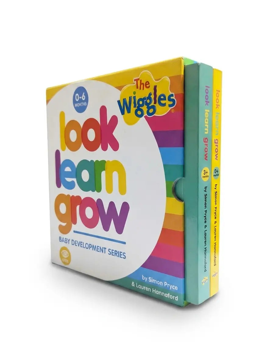 Colorful book titled 'The Wiggles look learn grow' on a white background