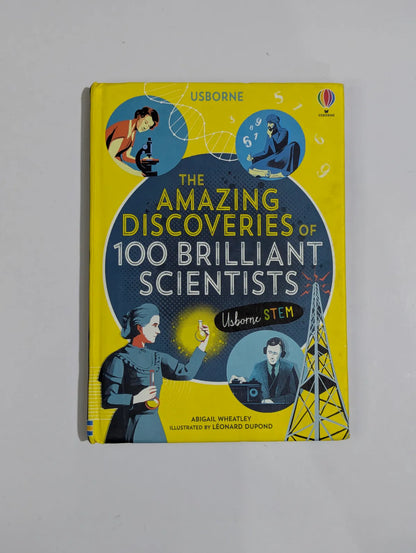Book titled 'The Amazing Discoveries of 100 Brilliant Scientists' by Usborne on a gray background