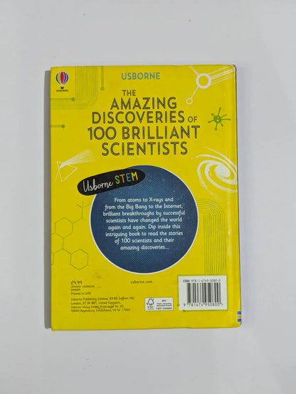 Book titled 'The Amazing Discoveries of 100 Brilliant Scientists' by Usborne on a white background