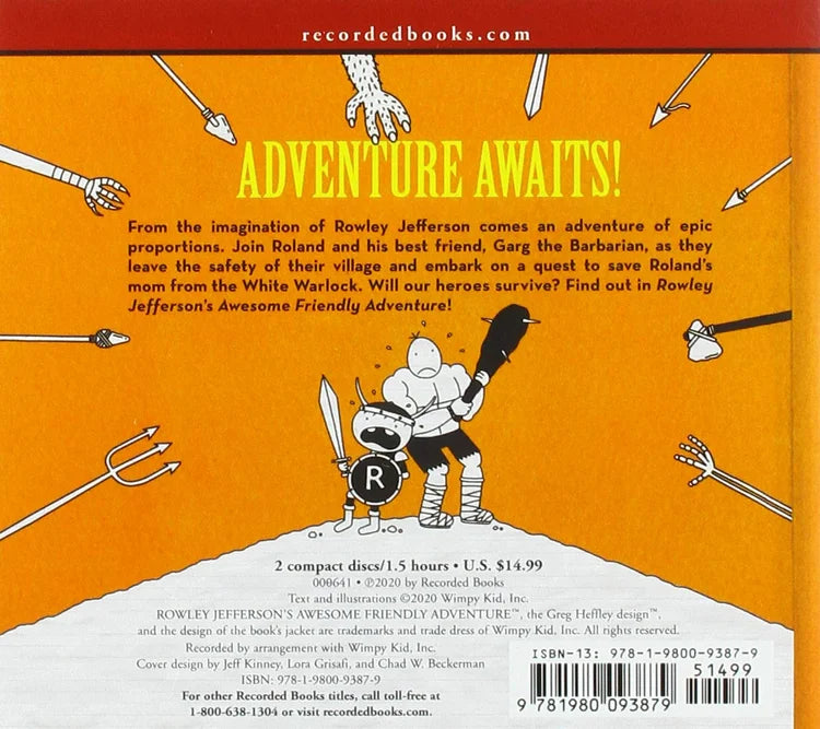 Back cover of a book with cartoon characters and text about an adventure, featuring the brand 'recordedbooks.com'.