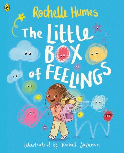 Book cover of 'The Little Box of Feelings' by Rochelle Humes with colorful illustrations on a blue background.
