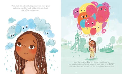 Illustration of a child with sad expression and colorful balloons with faces in a park setting.