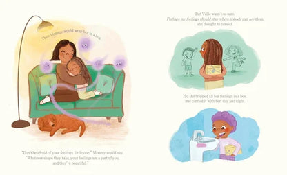 Illustrated book page with a woman holding a child on a couch, a dog, and thought bubbles with text.
