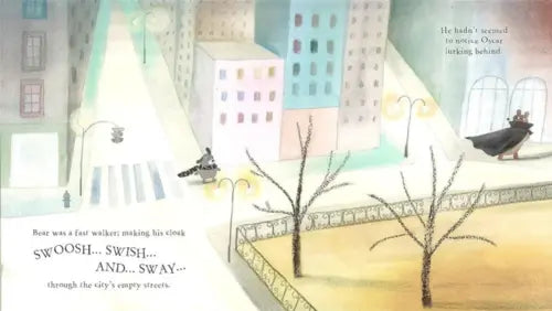 Illustration of a city street with buildings and trees, featuring text about a bird flying.
