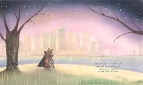 Two cartoon characters hugging under a starry sky with a cityscape in the background.
