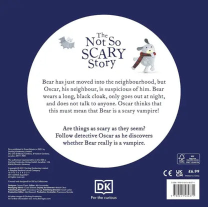 Back cover of a book titled 'The Not So Scary Story' with text and illustrations on a blue background.
