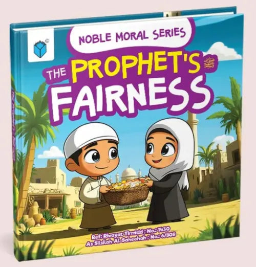 Book titled 'The Prophet's Fairness' from Noble Moral Series with cartoon characters on a cityscape background.
