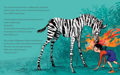 Illustration of a zebra and a person with colorful flames coming from the zebra's head on a teal background.