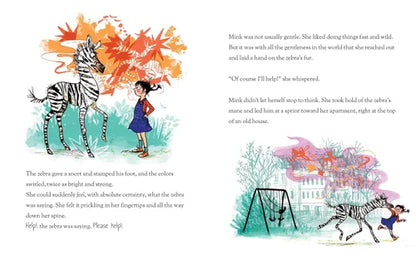 Illustrated book page with a zebra and a girl in a colorful setting