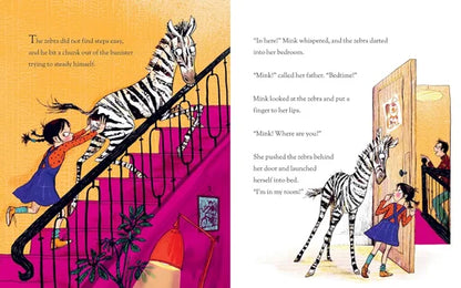 Illustrations from a children's book with a zebra and a girl on a staircase.