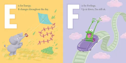 Illustrated book pages with letters E and F, featuring a elephant and a caterpillar, on yellow and purple backgrounds.