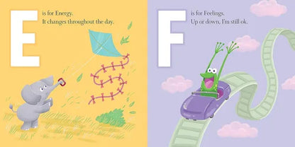Illustrated book pages with letters E and F, featuring a elephant and a caterpillar, on yellow and purple backgrounds.