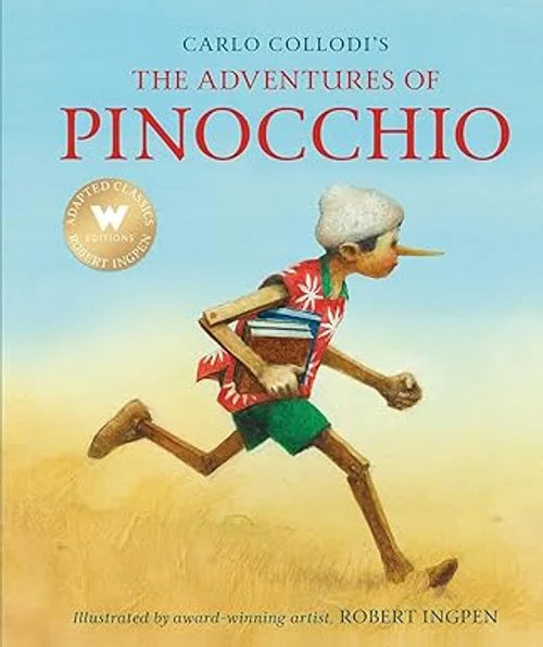 Book cover of 'The Adventures of Pinocchio' with a cartoon character running.