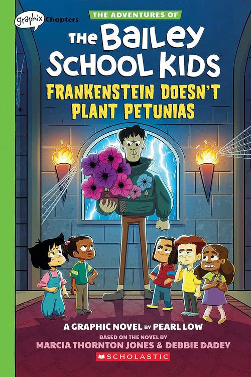 Book cover of 'The Adventures of the Bailey School Kids: Frankenstein Doesn't Plant Petunias' with characters and monster holding flowers.