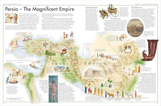 Map of Persia with illustrations and text on a white background