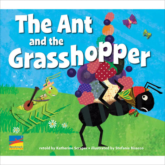 Book cover of 'The Ant and the Grasshopper' with colorful illustrations of an ant and grasshopper.