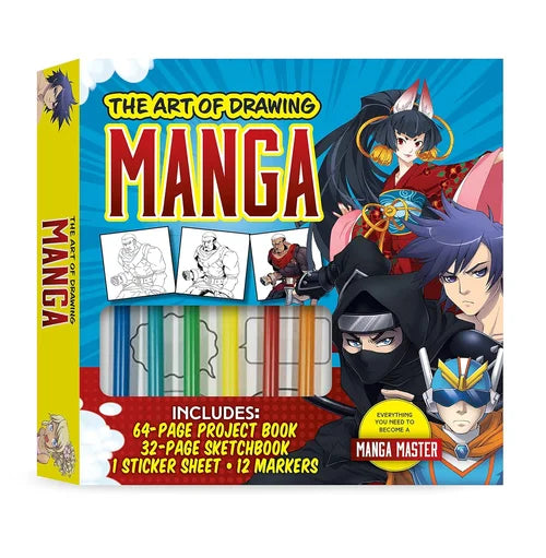 Box set for drawing manga with characters and markers on a white background