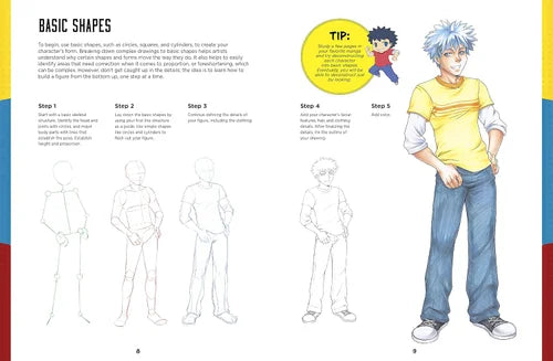 Illustration of a character drawing guide with basic shapes and steps.