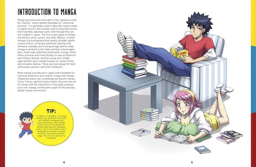 Illustration of two characters reading manga with text on introduction to manga.