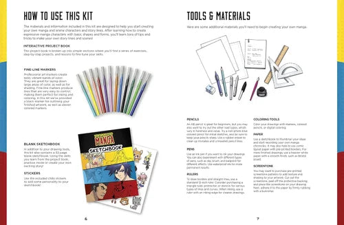 Page from a book or guide showing tools and materials for manga creation, including markers, pencils, and a sketchbook.