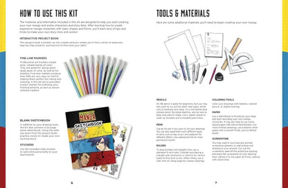 Page from a book or guide showing tools and materials for manga creation, including markers, pencils, and a sketchbook.