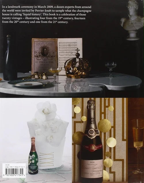 Page from a book featuring champagne bottles, a crown, and other decorative items on a table.