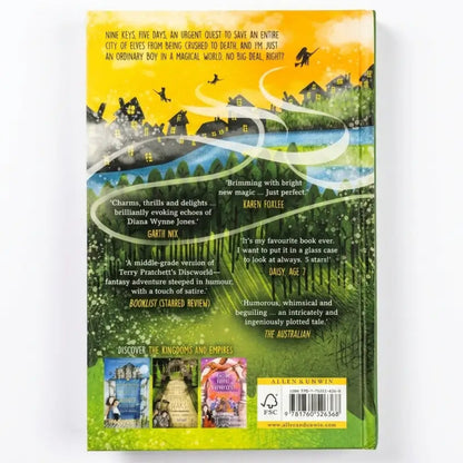 Book cover with a colorful illustration of a fantasy landscape on a white background
