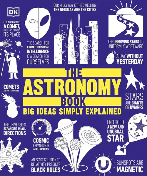 Cover of 'The Astronomy Book' with various astronomical concepts and DK branding on a blue background.