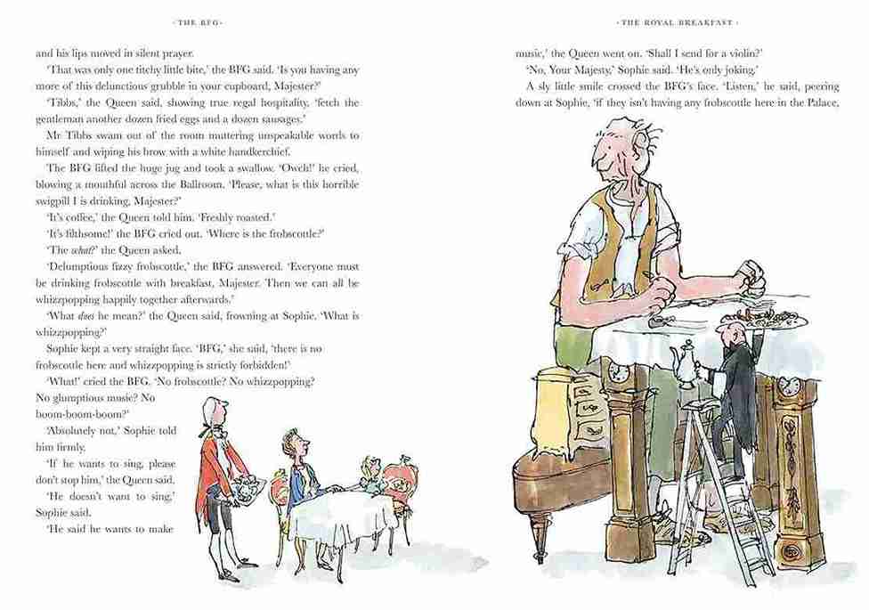 Illustration from a book with a waiter serving food, surrounded by characters in a snowy setting.