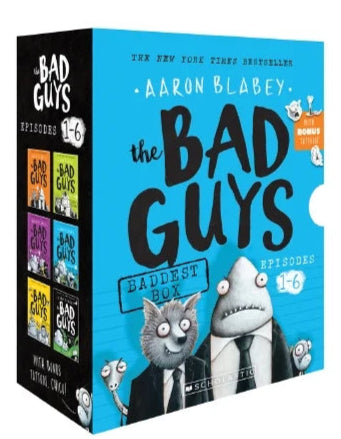 Box set of 'The Bad Guys' book series with cartoon characters on a white background