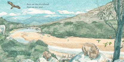 Scenic landscape with a river, mountains, and people, featuring a bear and a bird.