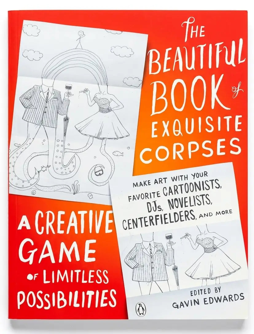 Book titled 'The Beautiful Book of Exquisite Corpses' with red cover and black and white illustrations.