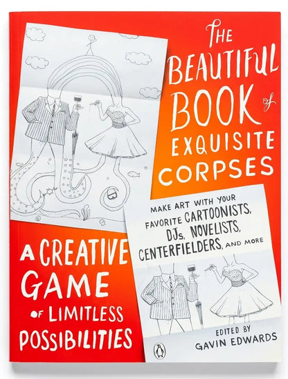 Book titled 'The Beautiful Book of Exquisite Corpses' with red cover and black and white illustrations.