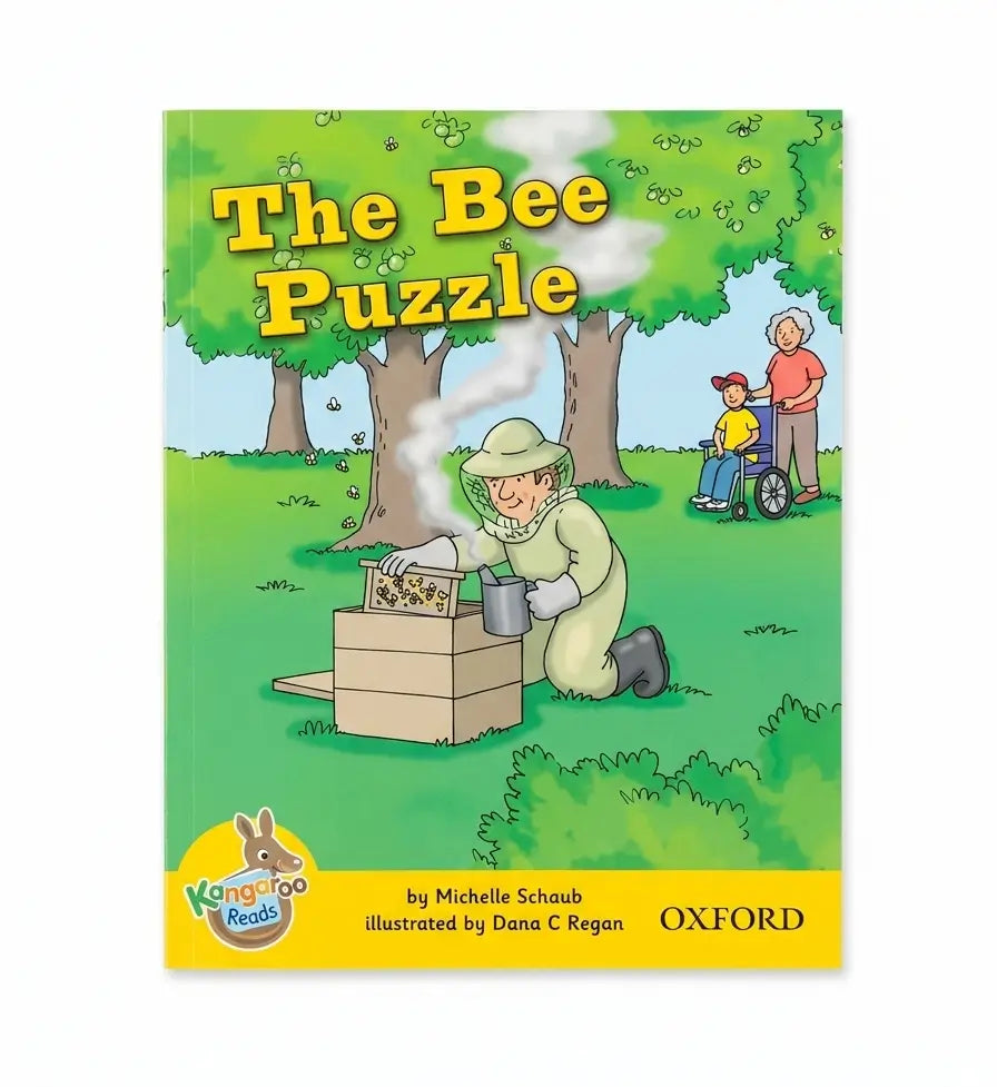 Children's book cover titled 'The Bee Puzzle' with a colorful cartoon scene of a beekeeper working with a beehive in a grassy park, plus the Oxford logo and Kangaroo Read branding.