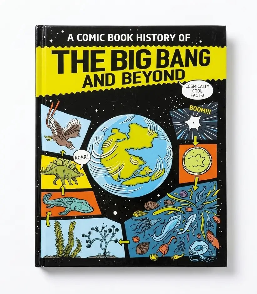 A comic book titled 'A Comic Book History of The Big Bang and Beyond' shown upright against a clean white background. The cover features a black starry space background with a large yellow title band and colorful illustrated panels showing Earth, dinosaurs, a fish, plants, and cosmic scenes.