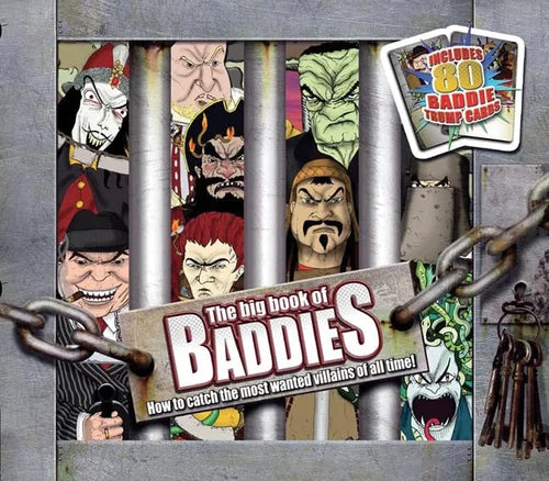 Book titled 'The Big Book of Baddies' with cartoon characters behind bars, featuring 80 baddie trump cards.