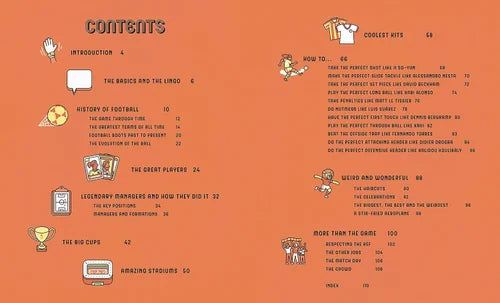 Table of contents for a sports-themed book on an orange background with icons and text.